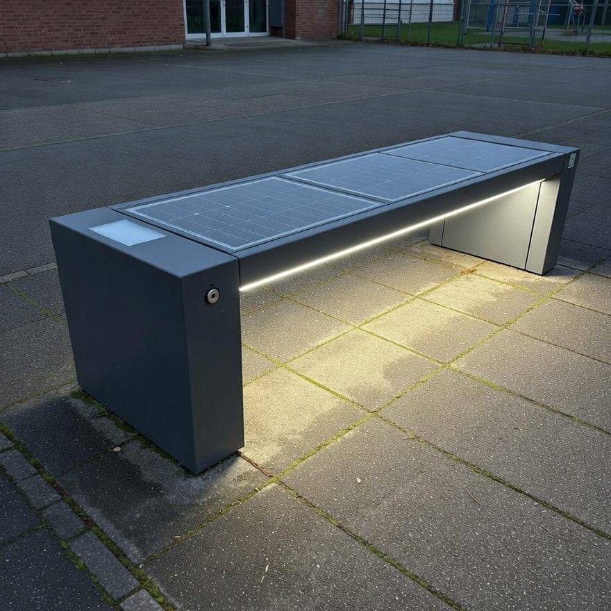 Eine moderne Solarbank steht an einem städtischen Platz zwischen Gebäude. Sitzfläche