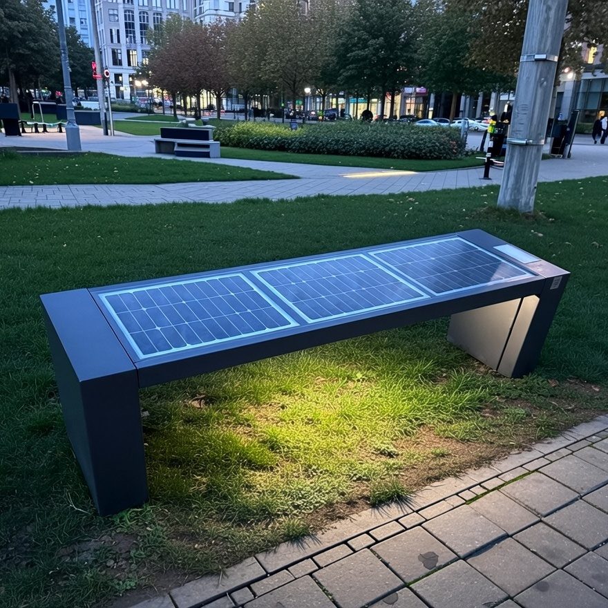 Eine moderne Bank mit solarbetriebenen Panels, auf einer gepflasterten Fläche.