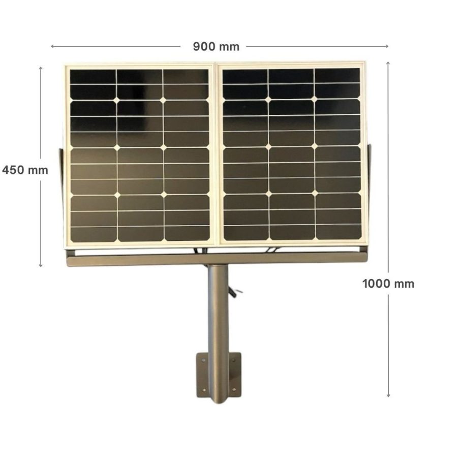 Solarmodul mit 2 Paneelen, Abmessungen: 900 mm x 1000 mm x 450 mm.